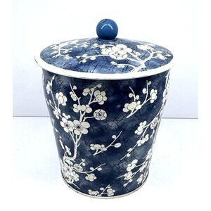 White & Blue Round Cherry Blossom Tin Container w/ Lid Asian VTG Decor England